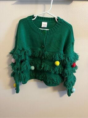 Holiday Time Green Knit Fringe Cardigan with Colorful Pom-Poms